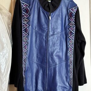 Blue and Black Women's Jacket with Geometric Patterns